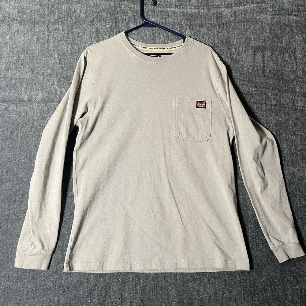 Wrangler Workwear Men's Medium Long Sleeve Pocket T-Shirt Gray Beige Crew Neck